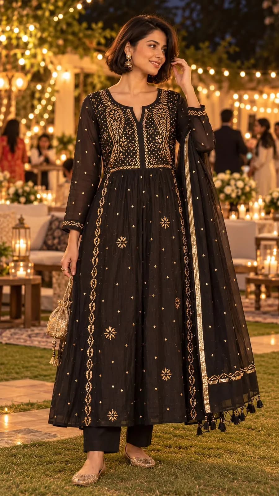 142 | Midnight Black Mul A-Line with Mukaish & Pitta Work Semi-stitched Suit