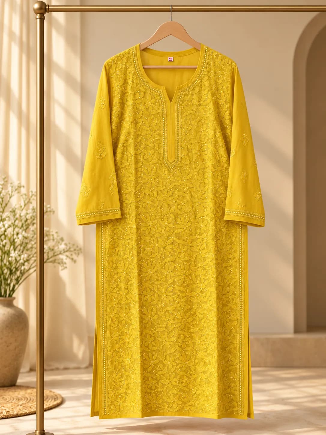 510 | Gold Yellow Georgette Full Work Chikankari Stitched Kurta