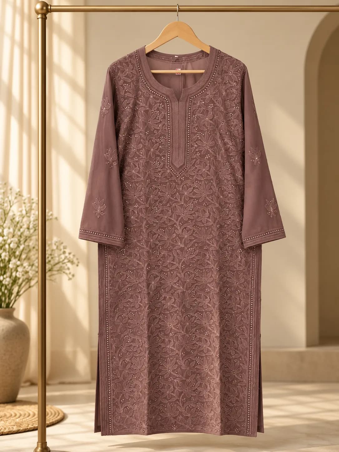 510 | Hot Chocolate Georgette Full Work Chikankari Stitched Kurta, view 1