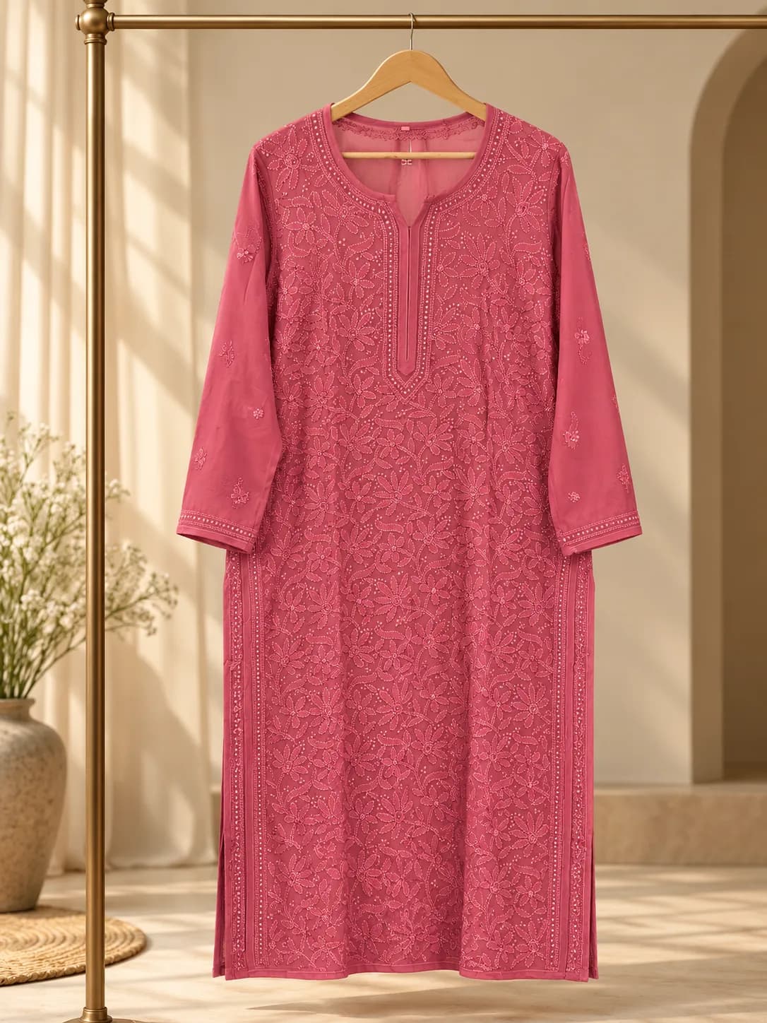 510 | Vintage Rose Pink Georgette Full Work Chikankari Stitched Kurta